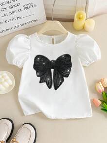 年轻女孩时尚简约黑色蝴蝶结装饰短款泡泡袖衬衫 - 白色 - 查看 4