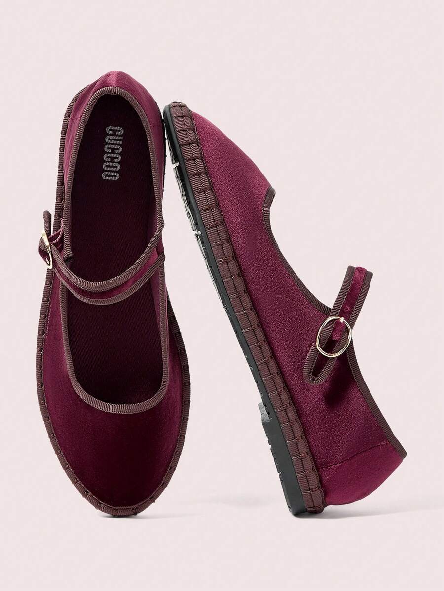 CUCCOO DOLLMOD Sepatu Flat Mary Jane Klasik Nyaman Berwarna Burgundy Velvet untuk Wanita, Sepatu Musim Semi yang Elegan & Modis - Burgundy / Coklat - View 1