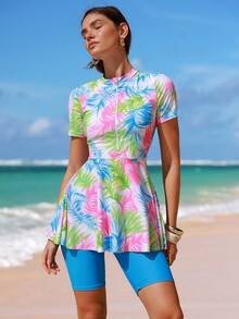 Swim Shayni Spring/Summer Hot Selling Beach Vacation Plant Print Zip Front Long Sleeve Top + Elastic Waist Long Pants 2 Pieces Burkini Set