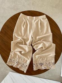 Lacomfia Plus Size Solid Color Patchwork Lace Trim Wide Leg Straight Casual Pants - Khaki - View 4
