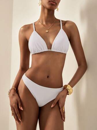 Écloséra 女士纯色串珠装饰细肩带休闲比基尼上衣