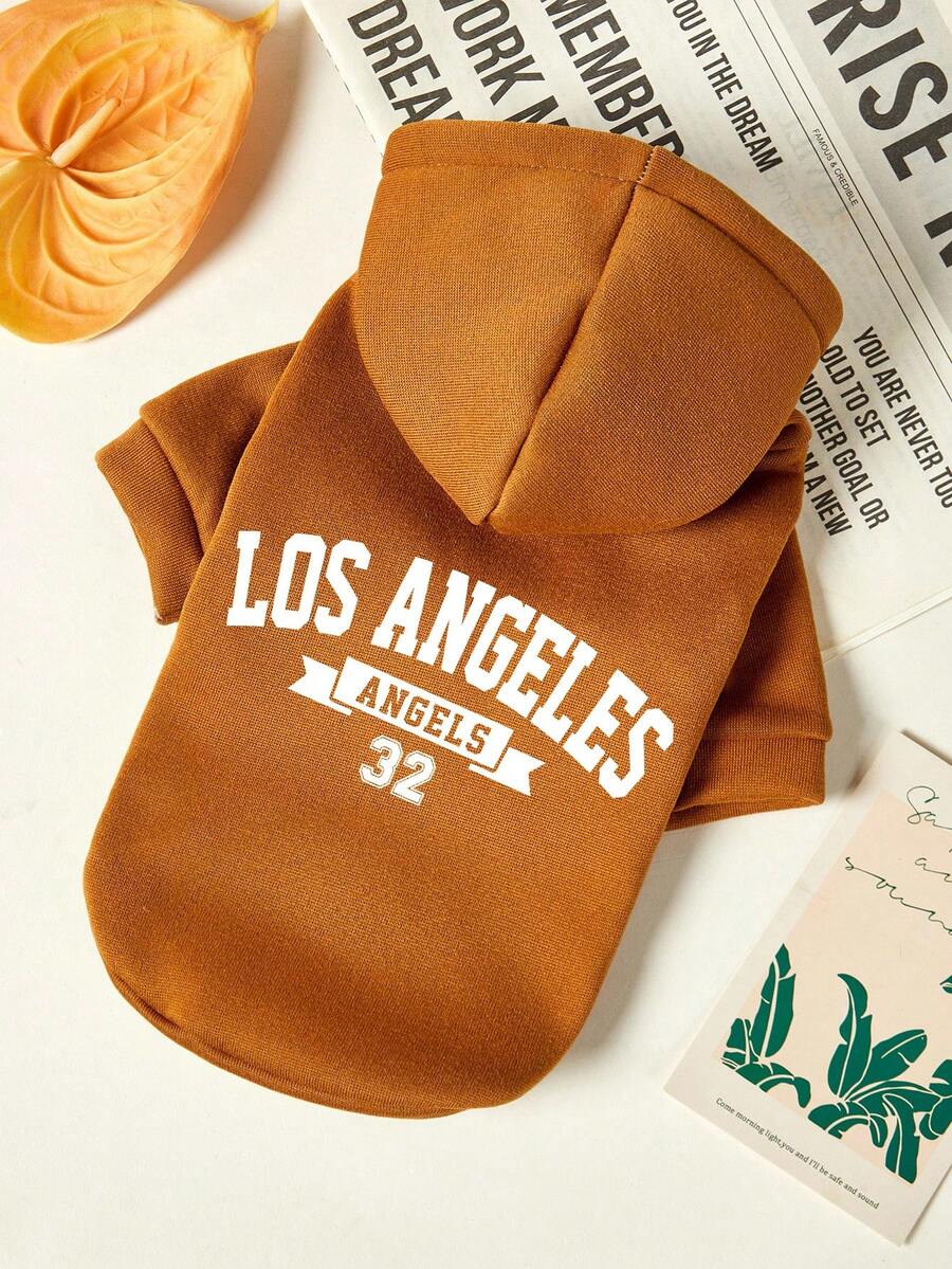 PETSIN 1pc White Letter 32 Letter Printed Pet Hooded Sweatshirt Brown Autumn And Winter Thick Warm Sports Style Pet Clothing - Brown - View 1