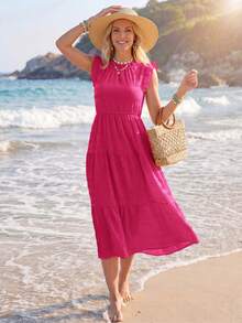 Sylviya Women's Flutter Sleeve Tie Waist Dress - Hot Pink - View 5