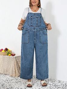 SHEIN CURVE+ 大码纯色休闲连体裤，春夏嘉年华服装，通勤度假毕业时尚Y2K可爱街头风派对婚礼优雅商务休闲女装，大码牛仔背带裤，休闲宽松阔腿连体裤，可调节肩带带口袋，浅蓝色 - 藍色 - 查看 4