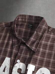 STYNVO 男士格子字母印花纽扣前开襟休闲短袖衬衫 - 咖啡棕 - 查看 3