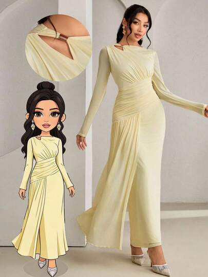 Veilorie Vestido de mujer de unicolor elegante con cintura ceñida, adecuado para fiestas