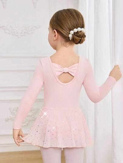Bộ đồ múa ba lê/váy thể thao ngoài trời màu hồng dệt kim lưới đính sequin dành cho bé gái, hở lưng, thắt nơ, ôm sát, co giãn, mềm mại.