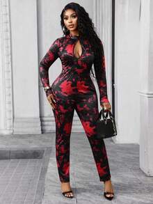 Lureya Women's Hollow Out Design Long Sleeve Flare Pants, High Waist Fitted Cut, Red & Black Abstract Print Textured Stretchy Fabric, Bodysuit Style, Suitable For Street, Casual, Home, Travel, Date, Night Party - Multicolor - View 7