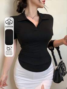 DAZY Women's Black Loose Fit Fashionable Office Wear Slim Fit Polo Shirt Short Sleeve T-Shirt, Spring/Summer