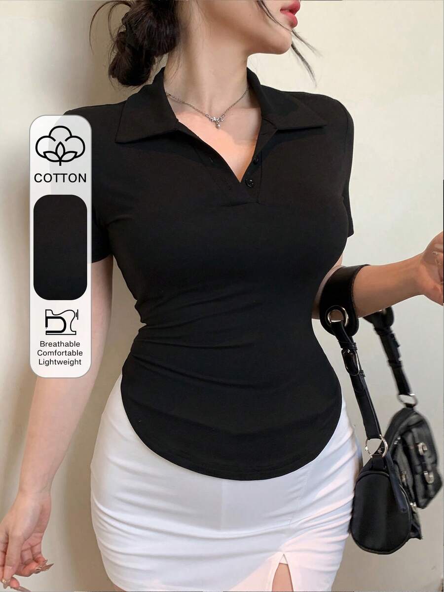 DAZY Women's Black Loose Fit Fashionable Office Wear Slim Fit Polo Shirt Short Sleeve T-Shirt, Spring/Summer