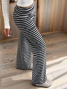 SHEIN EZwear Quần dài nữ dệt kim kẻ sọc rộng rãi thoải mái - Màu xám đen - Xem 8