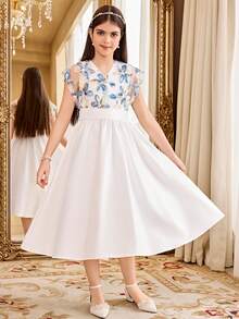 SHEIN Tween Girls' Elegant White V-Neck Short Sleeve Dress,White And Blue Floral Summer Wedding Guest Girl Vintage Midi Dress Puff Sleeves Spring Dress - White - View 6