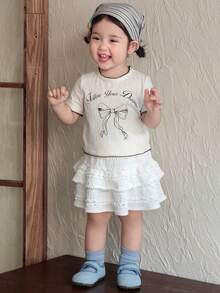 DAZY Baby Girls' Round Neck Casual Long Sleeve Bowknot Korean Style English Print Top, Spring/Autumn - Apricot - View 3