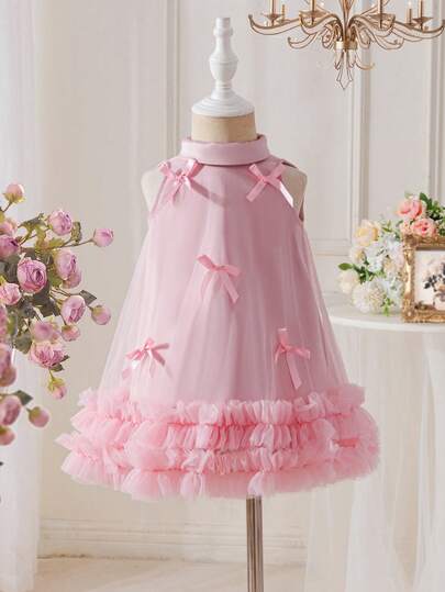 SHEIN Vestido casual sin mangas para niña con cuello Mao, volantes de malla y dobladillo de unicolor tejido