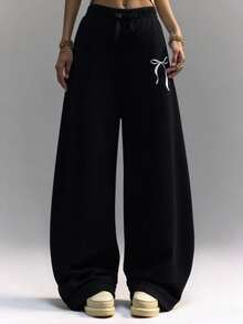 Sparklyn Girls' Wide Leg Pants With Bow Waist, Butterfly Print, Fashion Casual Sports Bottoms, Grey, Back To School - Black - View 3