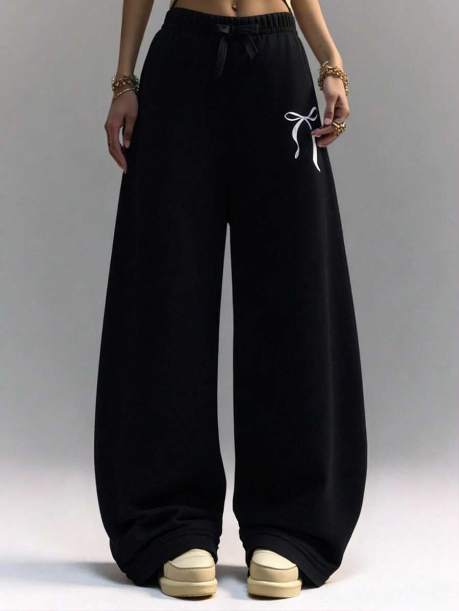 Sparklyn 女童阔腿裤，蝴蝶结腰带，蝴蝶印花，时尚休闲运动裤，灰色，返校季 - 黑色 - 查看 1