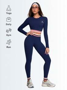 Dewbera Dewbera 2pcs Women's Navy Blue And White Workout Sets,Seamless Autumn Athleisure,Long Sleeve Crop Top And High Waist Leggings,Contrast Stripe Gym Sportswear - Royal Blue - View 4