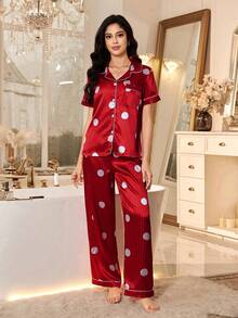 Women's New Polka Dot & Striped Button-Front Short Sleeve Satin Pajama Set - Red - View 3