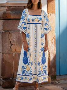 CAJUNI Women's Vacation Floral Wave Print Square Neck Flare Sleeve Fashion Dress - Multicolor - View 2