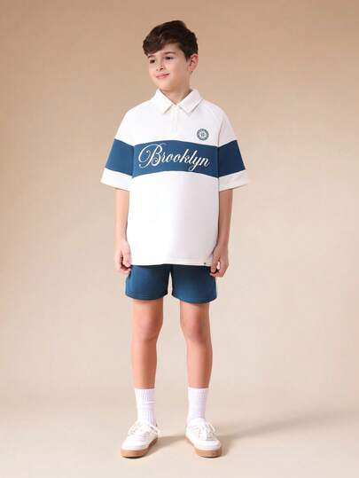SUMWON Boys Brooklyn Polo Shirt And Shorts Set Two Piece Coordinated Outfit With Chest Print Short Sleeve Collared Top Regular Fit Summer Casual Wear