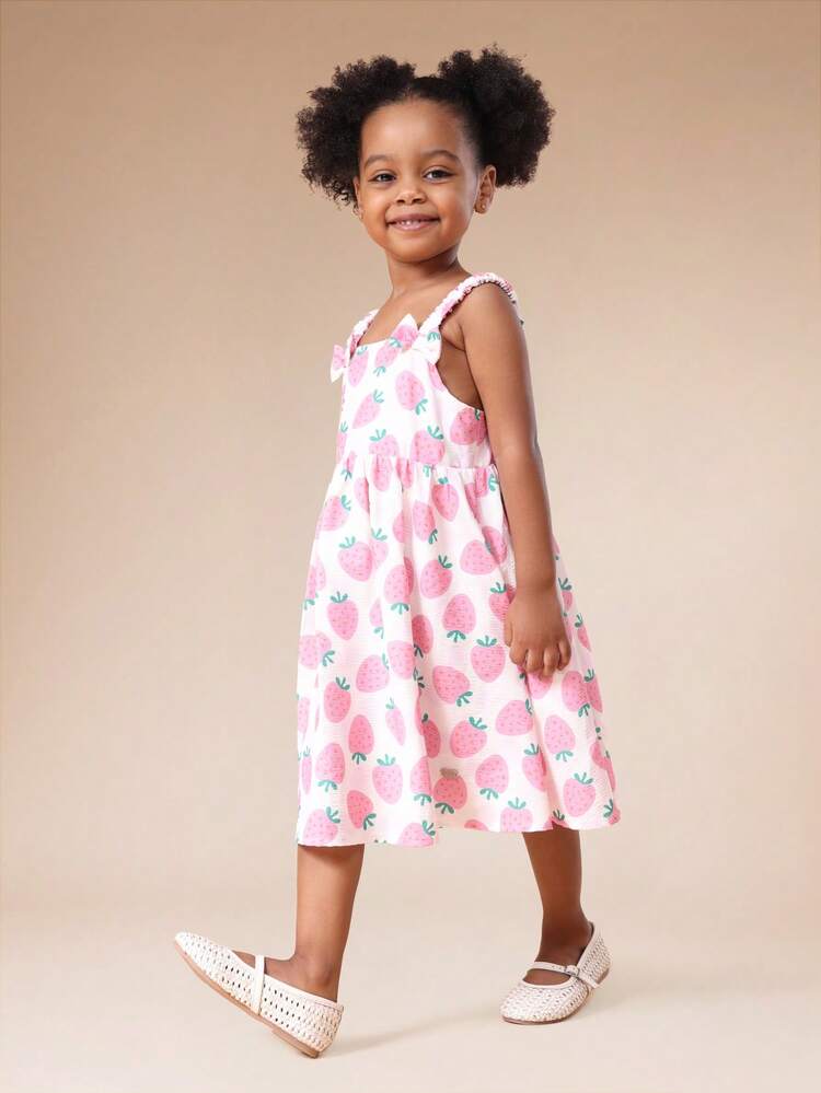 Strawberry Print Sleeveless Dress With Bow