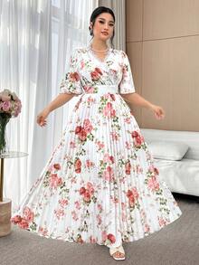 Modelyn Plus Size Women Lace Floral Print Ruffle Sleeve Elegant Midi Dress - Multicolor - View 4