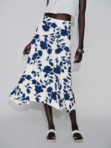 Lumivelle Women's Casual Vacation A-Line Low Waist Blue Floral Print Skirt Long Floral Skirt Flower Skirt Skirt Midi - Blue - View 3