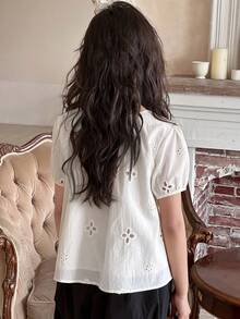 Dazy Kids Tween Girl Eyelet Embroidery Puff Sleeve Peplum Top - White - View 2