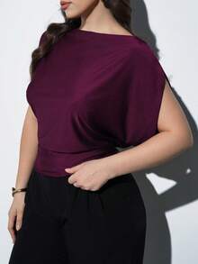 Maija 大码蝙蝠袖修身短袖上衣，优雅复古风，浪漫时尚，百搭；舒适、时尚、优雅、休闲，简约日常必备，纯色，适合假日休闲，得体，单身女士，优雅时尚商务休闲外套 - 酒紅色 - 查看 3