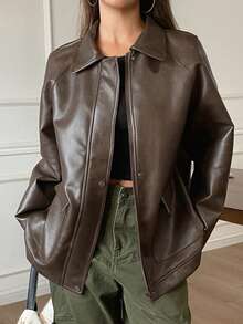 DAZY Women's Loose Fit Old Money Design Casual Brown Leather Jacket, Versatile For Spring, Summer, Autumn, Winter - Brown - View 4