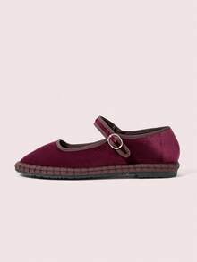 CUCCOO DOLLMOD Sepatu Flat Mary Jane Klasik Nyaman Berwarna Burgundy Velvet untuk Wanita, Sepatu Musim Semi yang Elegan & Modis - Burgundy / Coklat - View 8