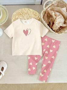 SHEIN Cream White & Pink, Sweet Minimalist Heart Pattern Print, Cute Deer Outfit, Baby Girl Casual Comfortable Soft Round Neck Short Sleeve T-Shirt And Leggings, Suitable For Spring/Summer Daily, Home, Vacation, Street, Party - Multicolor - View 3