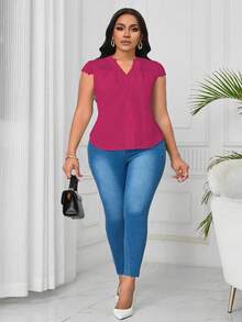SHEIN Clasi Plus Size Contrast Lace V-Neck Textured Fabric Blouse - Hot Pink - View 3