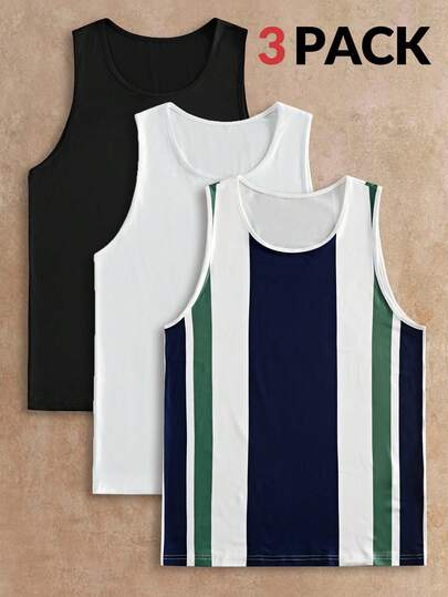HIMLAND Men's Solid Color Round Neck Casual Loose Fit Tank Top Men's 3 Pack Casual Sleeveless Shirts ,Summer Beach Holiday Vest For Men ,Vertical Stripe Color Block Tank Top ,Basic Black And White Undershirt Pack ,Comfortable Gym Muscle Tee ,Daily Wear Scoop Neck Tank Tops ,Men's Fashion Graphic Vest Set , 3 Pack Men's Tank Tops - Casual Color Block Stripe & Solid Black White Sleeveless Shirts - Summer Beach Gym Workout Undershirt Set ,Stylish Vertical Stripe & Solid Soft Tanks For Beach & Daily Wear  For Husband Boyfriend Gift Simple Fashion Commuting