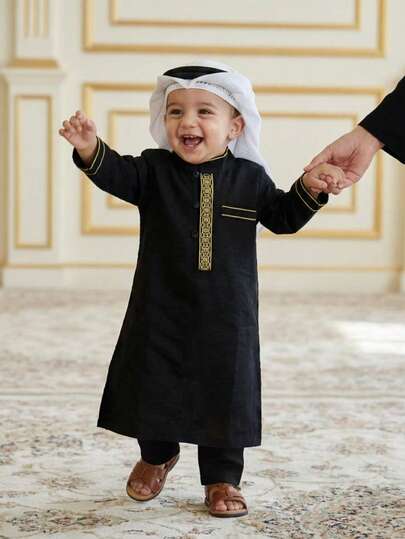 SHEIN 2pcs/Set Infant Toddler Baby Boys' Summer Floral Trim Long Sleeve Robe Top Paired With Black Pants Set, Suitable For Outings, Casual Wear, And Parties Black Baby Boy Outfit Black Toddler Suit Toddler Boy Two Piece Set  Black Full Sleeve Shirt Set For Baby Boy Baby Arabic Clothing Baby Boys Wedding Outfit Baby Boy Casual Set  Islamic Baby Clothing Baby Boy Muslim Outfit Baby Boy Arab Dress Baby Boy Kurta Muslim Baby Boy Clothes