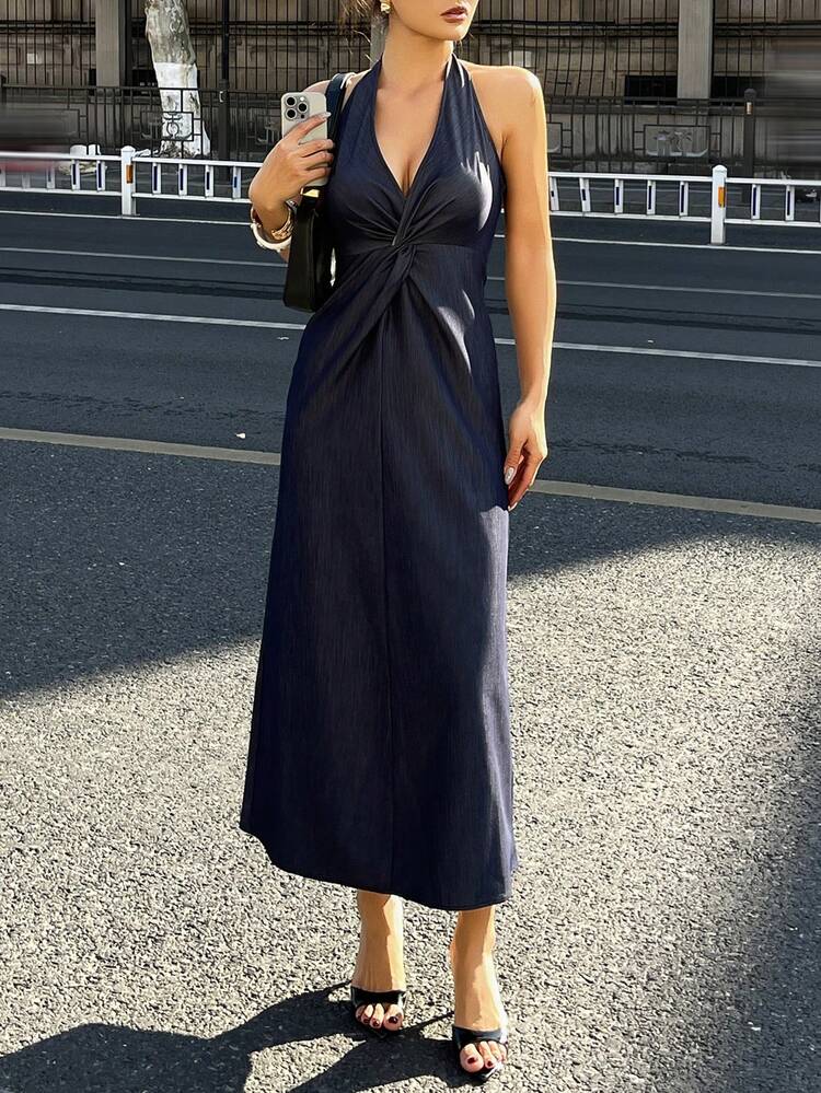 Women's Solid Color Halter Backless Ruched Elegant Waist Dress For Party Sundress
