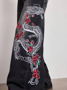 ROMWE Grunge Punk Women's Chinese Dragon & Floral Embroidered Pocket Wide Leg Loose Casual Jeans - Black - View 2