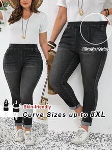 SHEIN CURVE+ 大码女式弹力腰带口袋修身休闲百搭牛仔裤，春夏情人节嘉年华服装通勤度假毕业时尚Y2K可爱街头风派对婚礼优雅商务休闲女式大码修身牛仔裤弹力腰带深色水洗牛仔裤，日常穿着舒适 - 黑色 - 查看 1