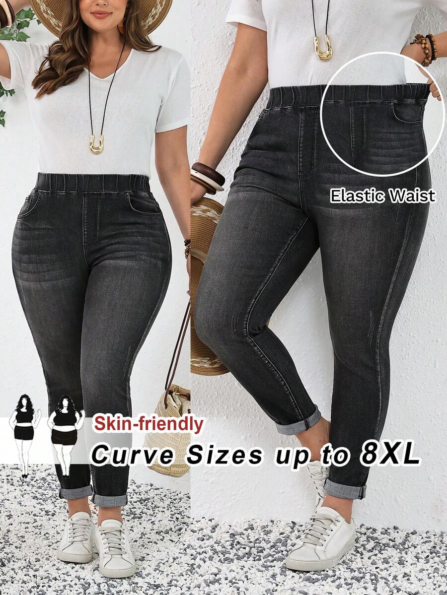 SHEIN CURVE+ 大码女式弹力腰带口袋修身休闲百搭牛仔裤，春夏情人节嘉年华服装通勤度假毕业时尚Y2K可爱街头风派对婚礼优雅商务休闲女式大码修身牛仔裤弹力腰带深色水洗牛仔裤，日常穿着舒适 - 黑色 - 查看 1