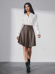 EURMUSE Women Solid Color PU Leather Mini Skirt - Chocolate Brown - View 3