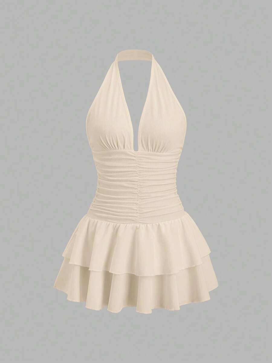 Sweetra Đầm ngắn màu đen dệt kim và đan ghép mảnh, cổ chữ V, hở lưng, viền bèo nhún, thắt eo, kiểu dáng đơn giản, thanh lịch, thích hợp cho kỳ nghỉ và trang phục thường ngày của nữ, mùa xuân/hè. - Màu be - Xem 1