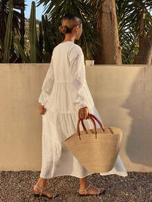 DAZY Women's Elegant White Round Neck Embroidered Shirt Dress, Spring/Summer - White - View 2