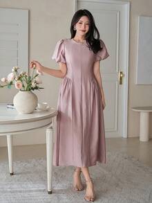 DAZY Women's Elegant Solid Color Puff Sleeve Round Neck Dress, Summer Wedding Guest Dress Sundress - Purple - View 5