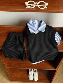 SHEIN 男童休闲校服三件套，包括背心、条纹衬衫和短裤，适合生日派对、晚宴、演出、婚礼、学校活动、洗礼、迎婴派对以及春夏秋季穿着。 - 黑色 - 查看 4