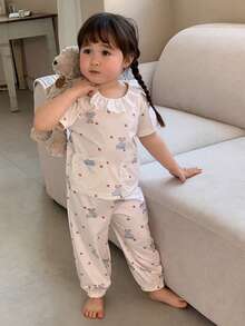 DAZY 2件套女婴蕾丝拼接卡通爱心印花长袖上衣和裤子睡衣套装 - 米色 - 查看 5