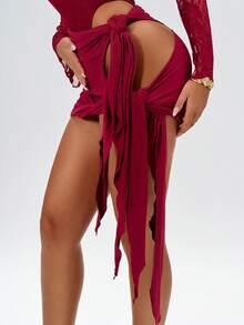 Amplova Bộ 2 món ren khoét lưng gợi cảm, bodysuit tay loe lưới mỏng kèm chân váy quấn, thích hợp cho các buổi hẹn hò, mùa thu/đông - Màu Đỏ Sâu - Xem 13