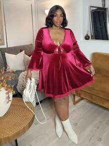 Truni Vestido de fiesta elegante con adorno de encaje para talla grande, para la temporada de invierno, para figura en forma de pera - Rojo - Ver 4