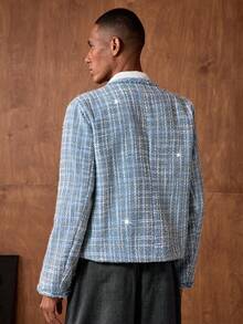 AKNOTIC Business Casual 男士格子印花前扣口袋长袖开衫外套 - 淺藍色 - 查看 8