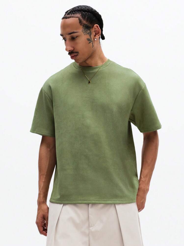 SUMWON Men's Oversized Suede Texture T Shirt With Crew Neck Short Sleeve Sage Tee For Casual Weekend Summer Streetwear Fashion