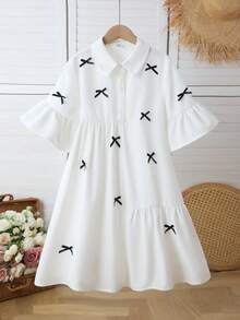 SHEIN 少女休闲时尚学院风纯色不对称拼接蝴蝶结装饰喇叭袖修身衬衫裙，白色衬衫裙 - 白色 - 查看 11